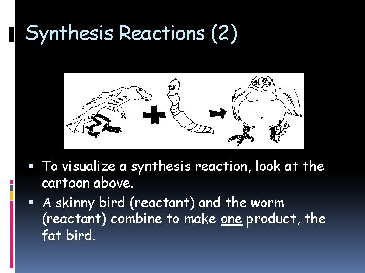 Synthesis Reactions (2) To visualize a synthesis reaction, look at the cartoon above. A