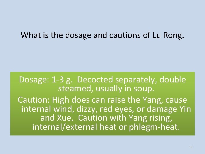 What is the dosage and cautions of Lu Rong. Dosage: 1 -3 g. Decocted