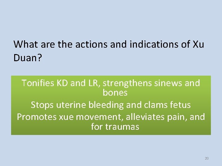 What are the actions and indications of Xu Duan? Tonifies KD and LR, strengthens