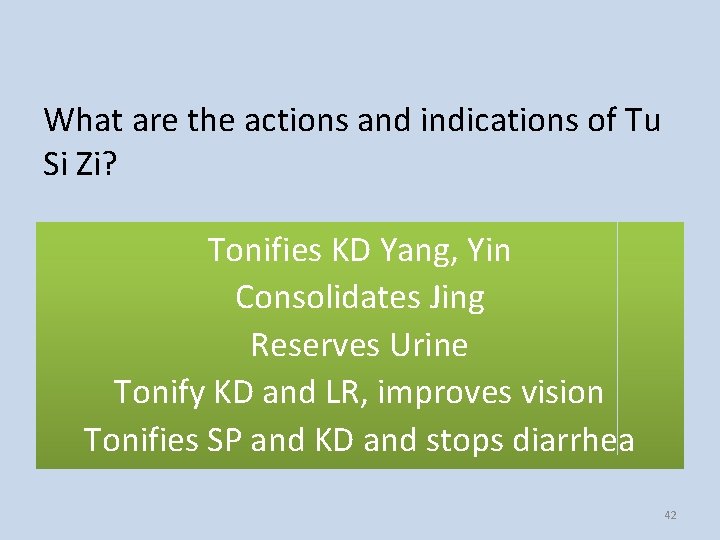 What are the actions and indications of Tu Si Zi? Tonifies KD Yang, Yin