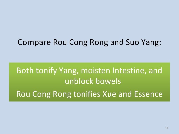 Compare Rou Cong Rong and Suo Yang: Both tonify Yang, moisten Intestine, and unblock