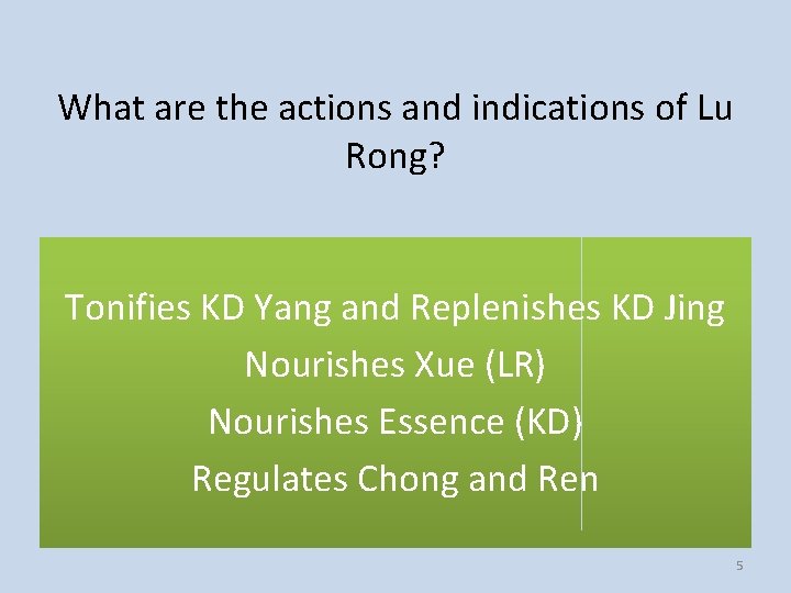What are the actions and indications of Lu Rong? Tonifies KD Yang and Replenishes