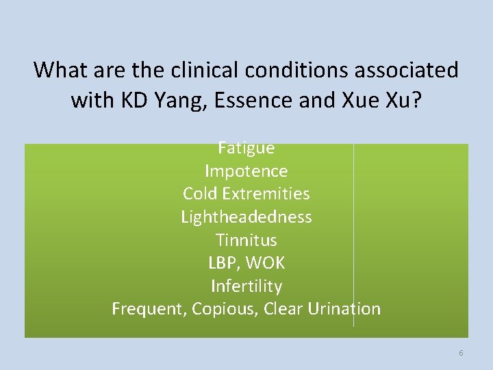 What are the clinical conditions associated with KD Yang, Essence and Xue Xu? Fatigue