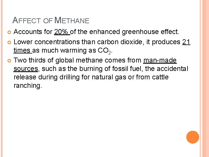 AFFECT OF METHANE Accounts for 20% of the enhanced greenhouse effect. Lower concentrations than