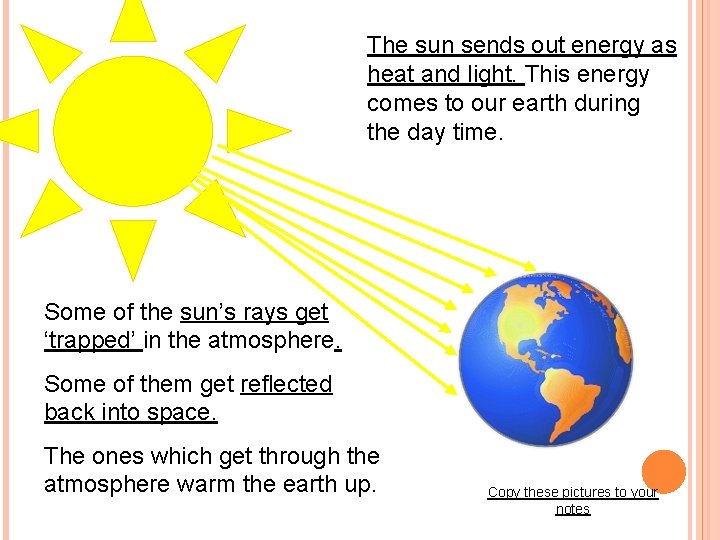 The sun sends out energy as heat and light. This energy comes to our
