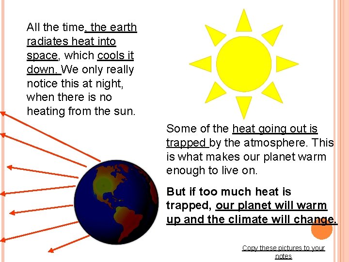 All the time, the earth radiates heat into space, which cools it down. We