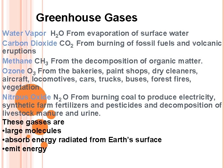 Greenhouse Gases Water Vapor H 2 O From evaporation of surface water Carbon Dioxide