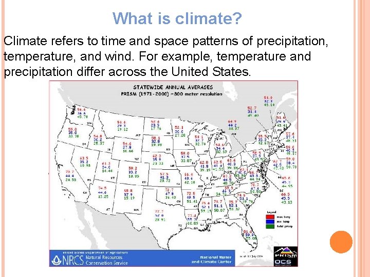 What is climate? Climate refers to time and space patterns of precipitation, temperature, and
