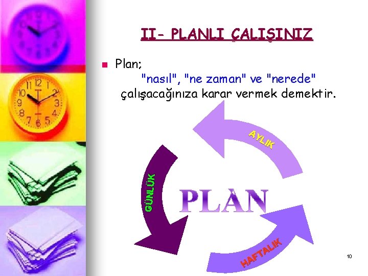 II- PLANLI ÇALIŞINIZ Plan; "nasıl", "ne zaman" ve "nerede" çalışacağınıza karar vermek demektir. AY II- PLANLI ÇALIŞINIZ Plan; "nasıl", "ne zaman" ve "nerede" çalışacağınıza karar vermek demektir. AY