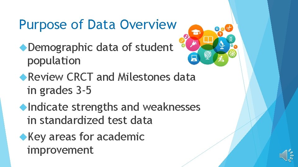 Purpose of Data Overview Demographic data of student population Review CRCT and Milestones data