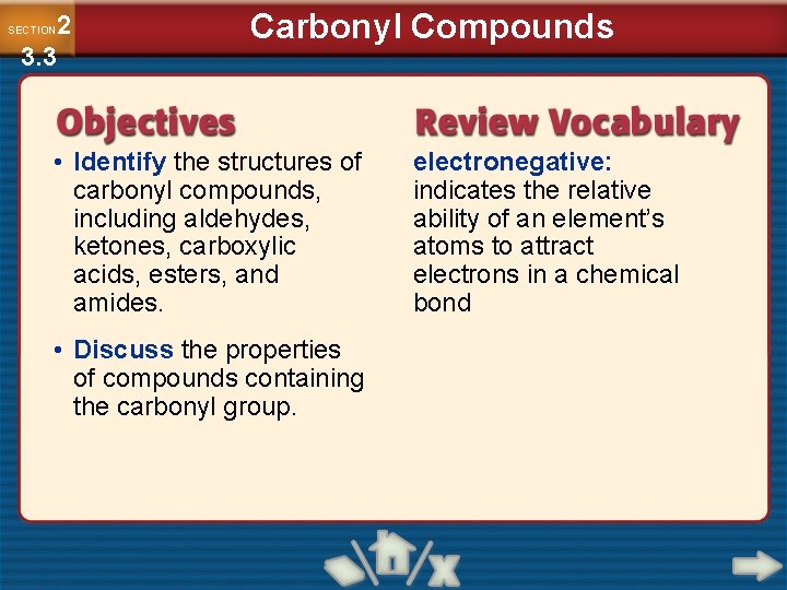 2 3. 3 SECTION Carbonyl Compounds • Identify the structures of carbonyl compounds, including