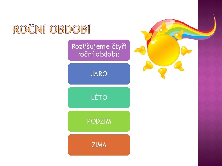 Rozlišujeme čtyři roční období: JARO LÉTO PODZIM ZIMA 