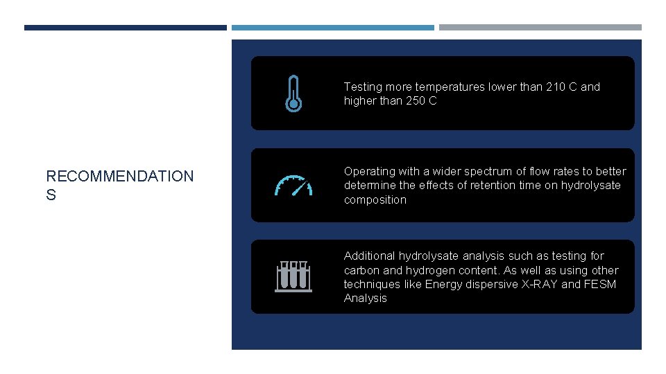 Testing more temperatures lower than 210 C and higher than 250 C RECOMMENDATION S