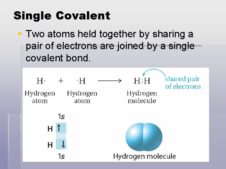 Single Covalent § Two atoms held together by sharing a pair of electrons are