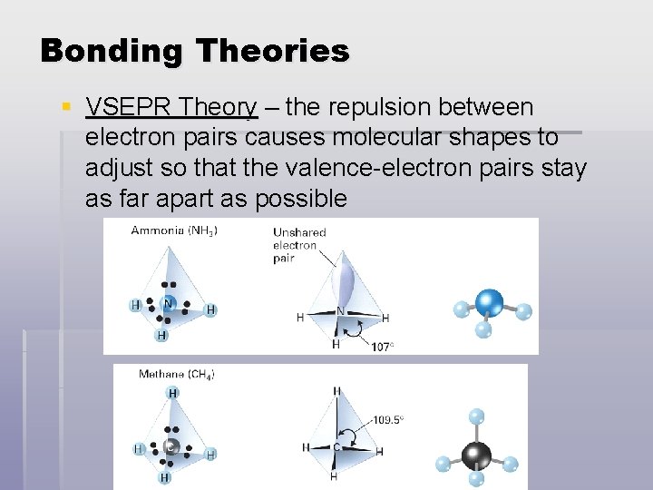 Bonding Theories § VSEPR Theory – the repulsion between electron pairs causes molecular shapes