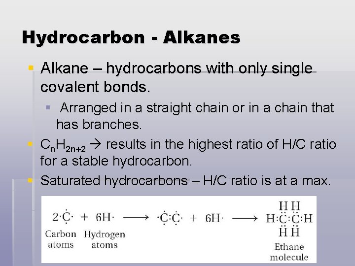 Hydrocarbon - Alkanes § Alkane – hydrocarbons with only single covalent bonds. § Arranged