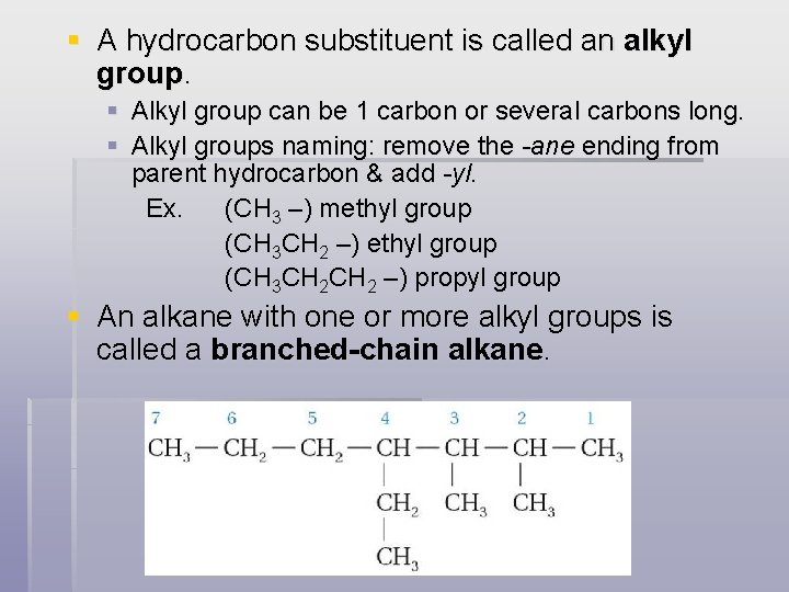 § A hydrocarbon substituent is called an alkyl group. § Alkyl group can be