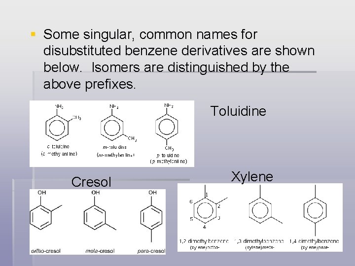 § Some singular, common names for disubstituted benzene derivatives are shown below. Isomers are