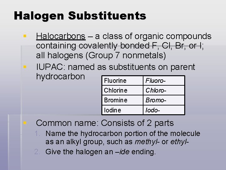 Halogen Substituents § Halocarbons – a class of organic compounds containing covalently bonded F,