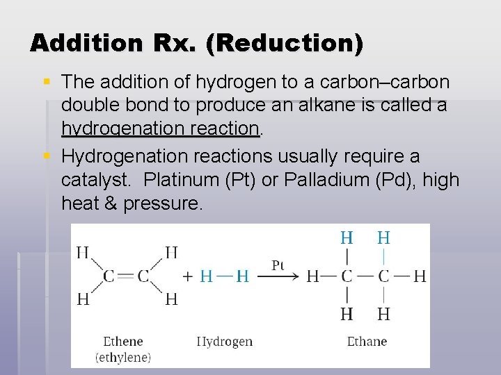 Addition Rx. (Reduction) § The addition of hydrogen to a carbon–carbon double bond to