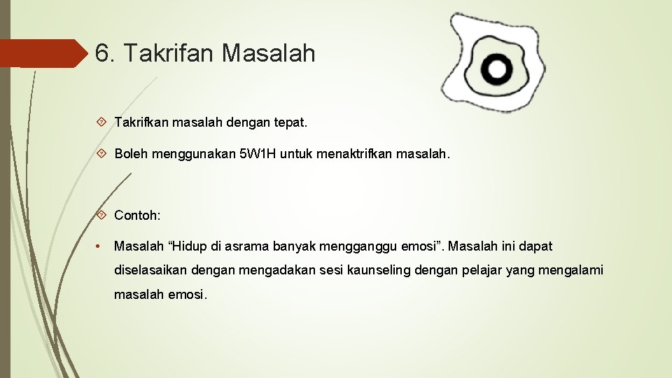 6. Takrifan Masalah Takrifkan masalah dengan tepat. Boleh menggunakan 5 W 1 H untuk