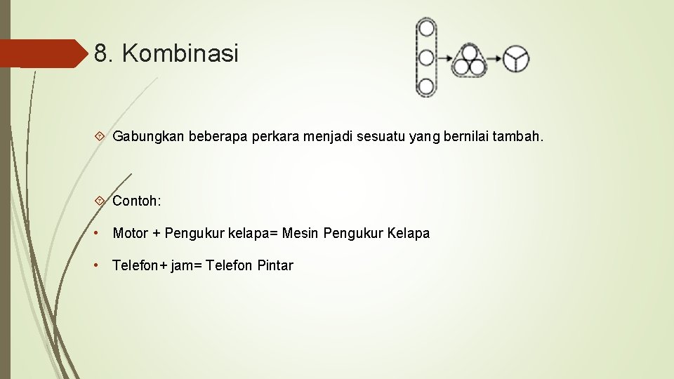 8. Kombinasi Gabungkan beberapa perkara menjadi sesuatu yang bernilai tambah. Contoh: • Motor +