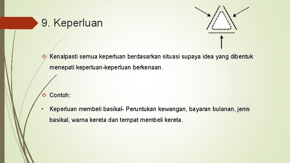 9. Keperluan Kenalpasti semua keperluan berdasarkan situasi supaya idea yang dibentuk menepati keperluan-keperluan berkenaan.