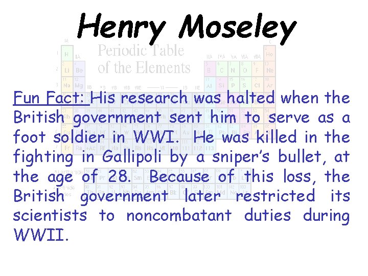 Henry Moseley Fun Fact: His research was halted when the British government sent him