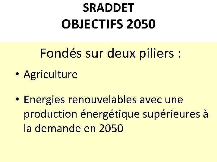 SRADDET OBJECTIFS 2050 Fondés sur deux piliers : • Agriculture • Energies renouvelables avec