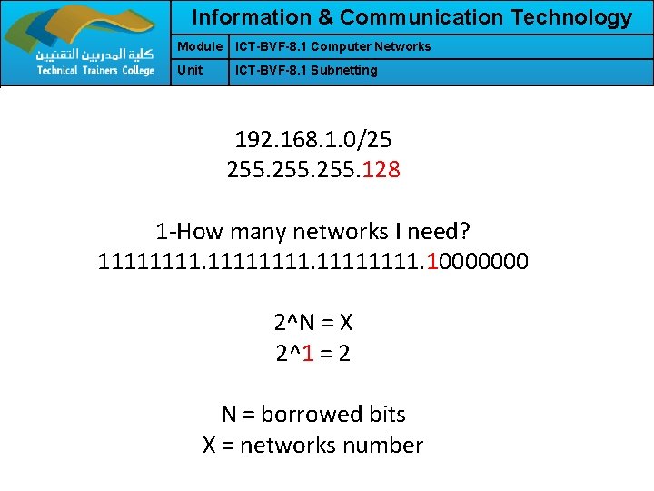 Information & Communication Technology Module ICT-BVF-8. 1 Computer Networks Unit ICT-BVF-8. 1 Subnetting 192.