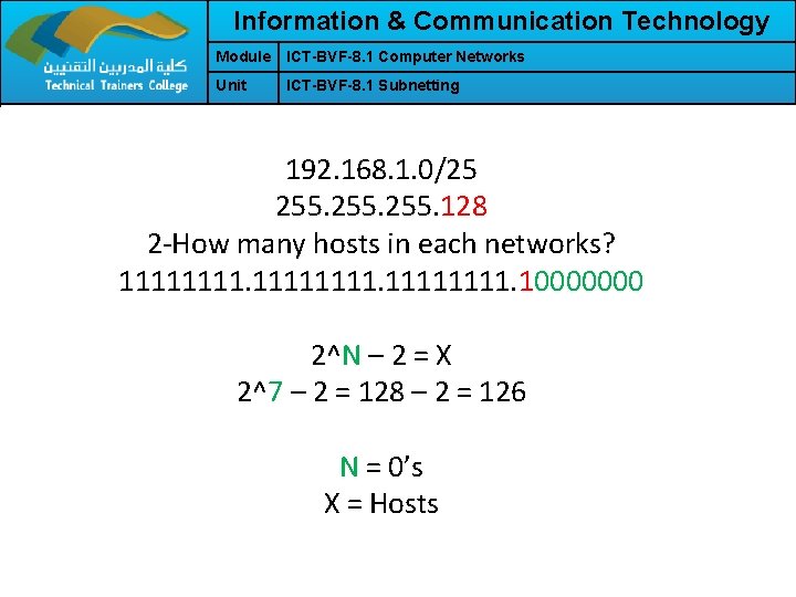 Information & Communication Technology Module ICT-BVF-8. 1 Computer Networks Unit ICT-BVF-8. 1 Subnetting 192.