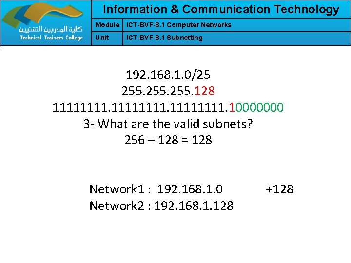 Information & Communication Technology Module ICT-BVF-8. 1 Computer Networks Unit ICT-BVF-8. 1 Subnetting 192.