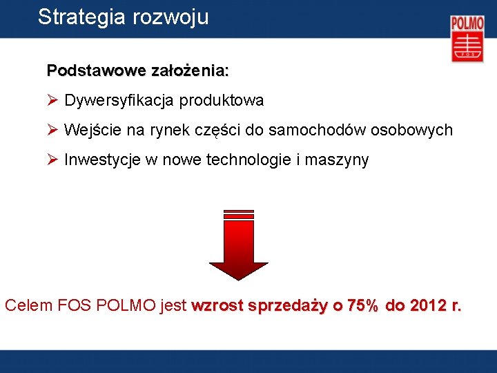 Strategia rozwoju Podstawowe założenia: Ø Dywersyfikacja produktowa Ø Wejście na rynek części do samochodów