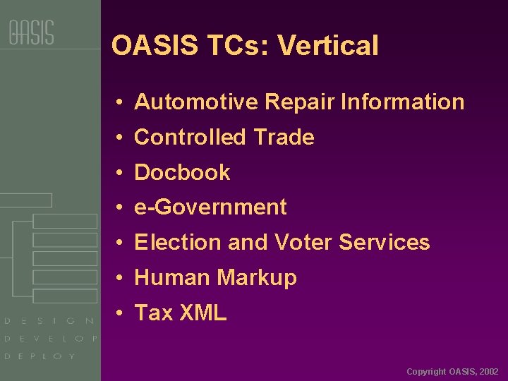 OASIS TCs: Vertical • Automotive Repair Information • Controlled Trade • Docbook • e-Government
