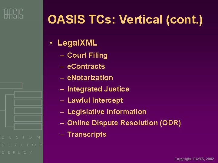 OASIS TCs: Vertical (cont. ) • Legal. XML – Court Filing – e. Contracts