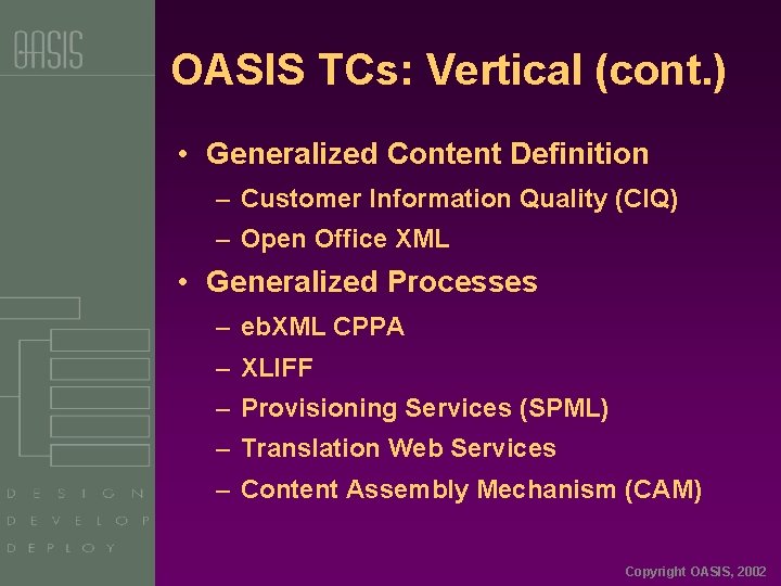 OASIS TCs: Vertical (cont. ) • Generalized Content Definition – Customer Information Quality (CIQ)