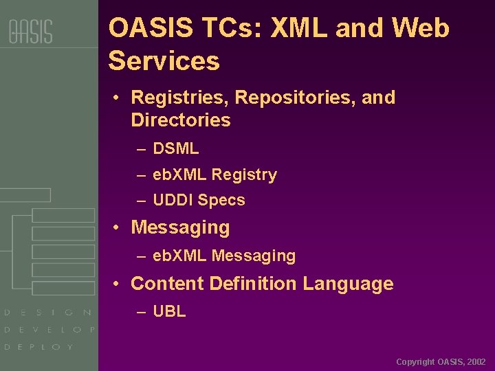 OASIS TCs: XML and Web Services • Registries, Repositories, and Directories – DSML –