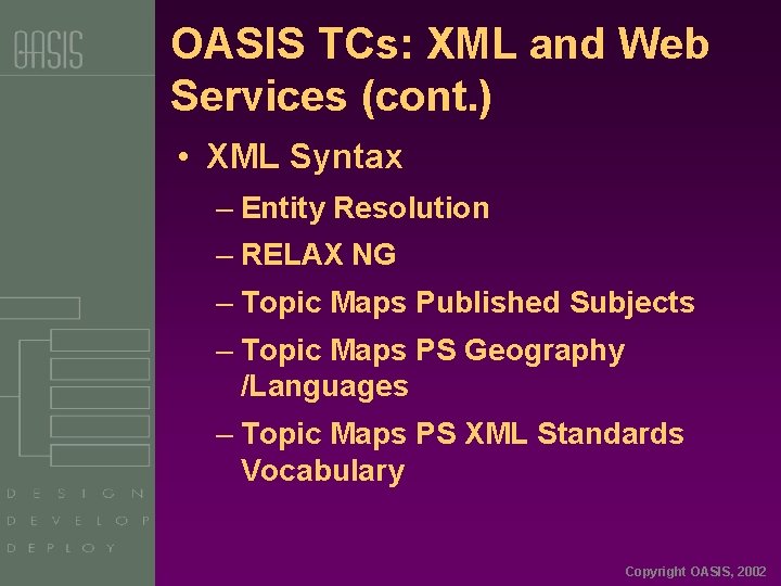 OASIS TCs: XML and Web Services (cont. ) • XML Syntax – Entity Resolution