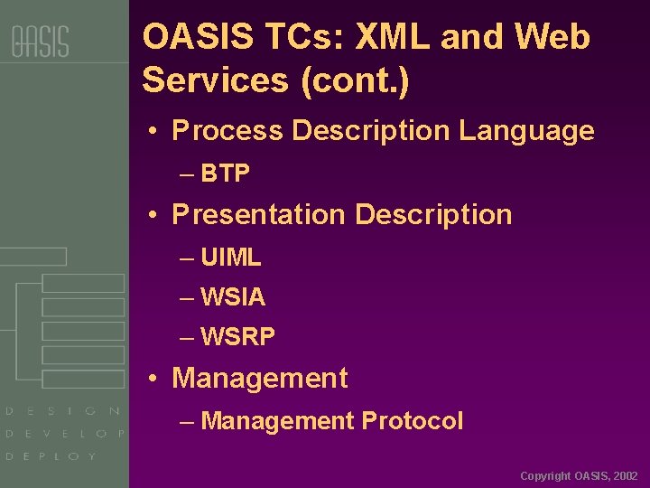 OASIS TCs: XML and Web Services (cont. ) • Process Description Language – BTP