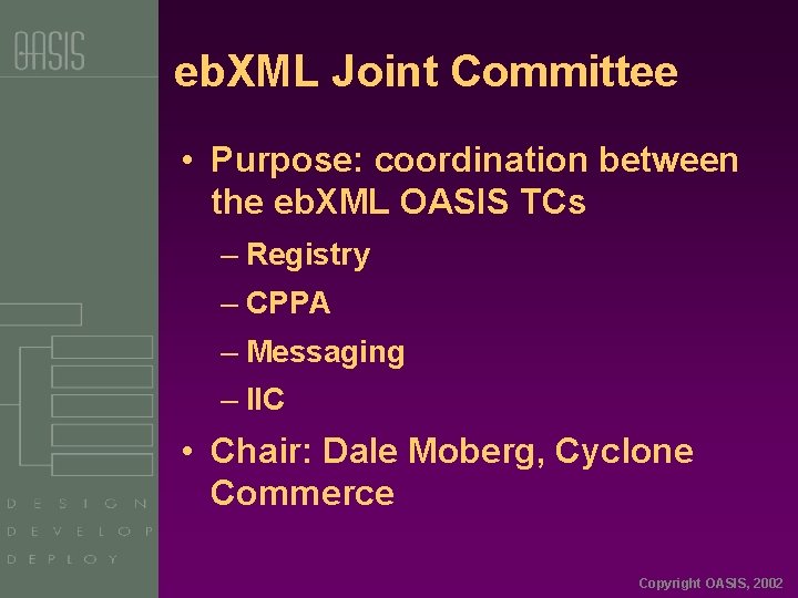 eb. XML Joint Committee • Purpose: coordination between the eb. XML OASIS TCs –
