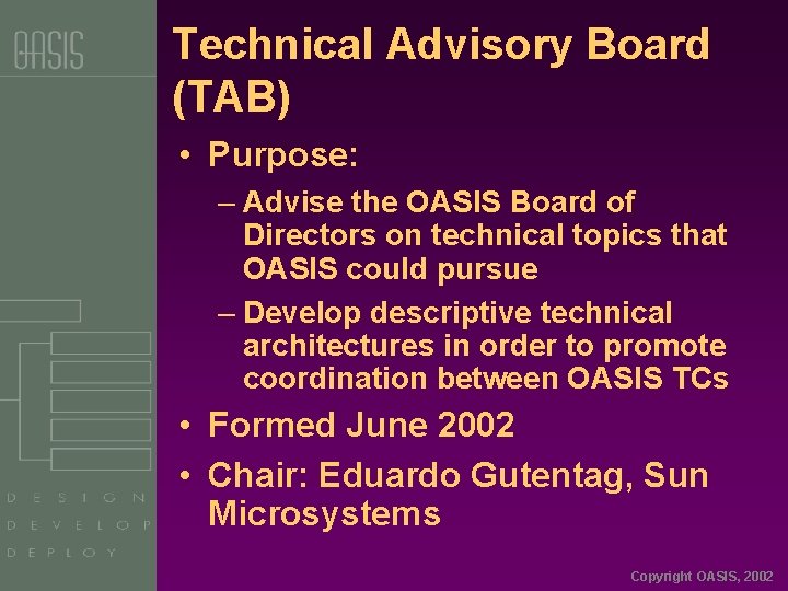 Technical Advisory Board (TAB) • Purpose: – Advise the OASIS Board of Directors on