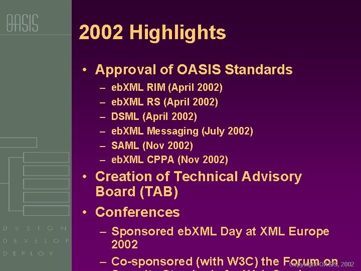 2002 Highlights • Approval of OASIS Standards – – – eb. XML RIM (April