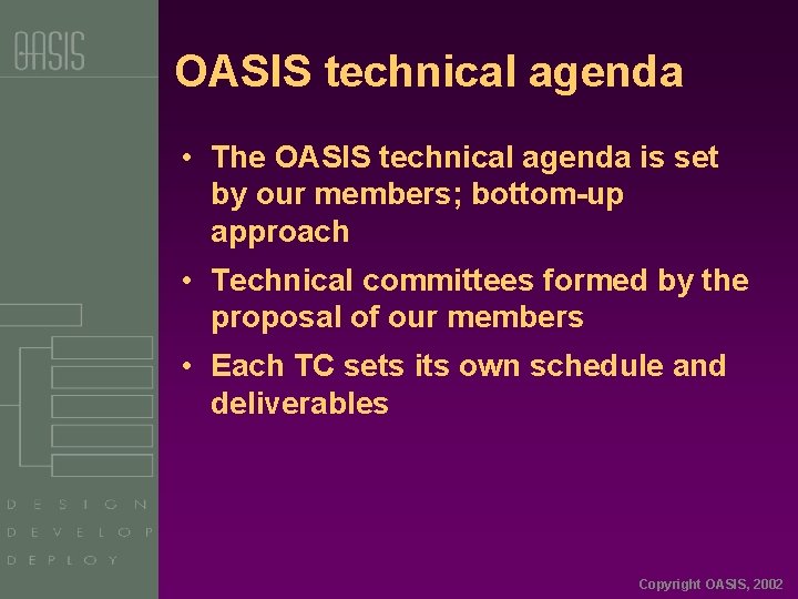 OASIS technical agenda • The OASIS technical agenda is set by our members; bottom-up