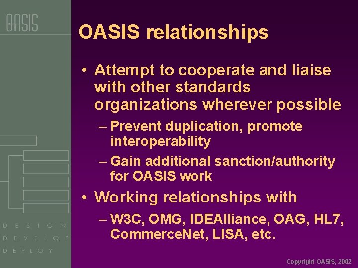 OASIS relationships • Attempt to cooperate and liaise with other standards organizations wherever possible