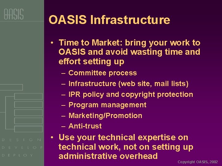 OASIS Infrastructure • Time to Market: bring your work to OASIS and avoid wasting