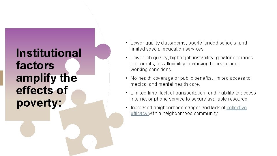 Institutional factors amplify the effects of poverty: • Lower quality classrooms, poorly funded schools,