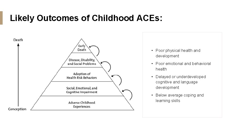 Likely Outcomes of Childhood ACEs: • Poor physical health and development • Poor emotional