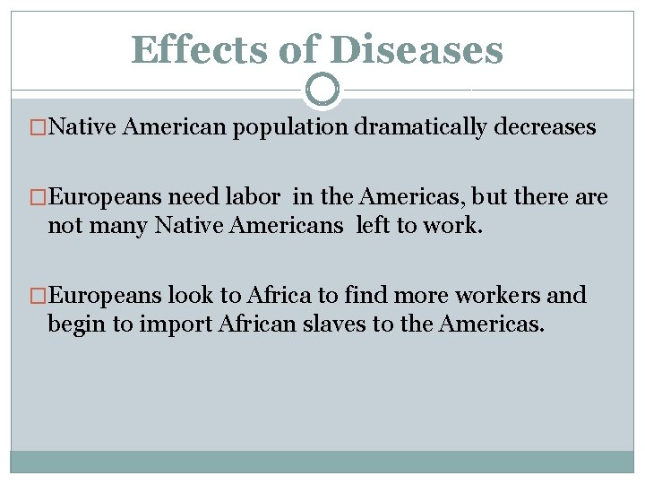 Effects of Diseases �Native American population dramatically decreases �Europeans need labor in the Americas,