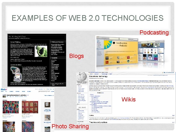 EXAMPLES OF WEB 2. 0 TECHNOLOGIES Podcasting Blogs Wikis Photo Sharing 