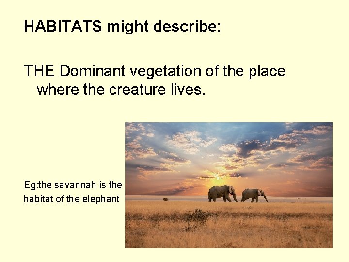 HABITATS might describe: THE Dominant vegetation of the place where the creature lives. •
